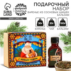 Подарочный набор новогодний «Будьте здоровы»: чай тонизирующий 20 г, варенье из сосновых шишек 30 г, бальзам 100 мл.