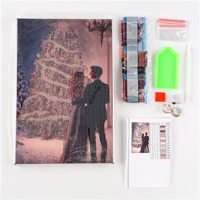 УЦЕНКА Алмазная вышивка на раме с частичным заполнением "Новогодняя ночь" 20*30, с гирляндой 96421