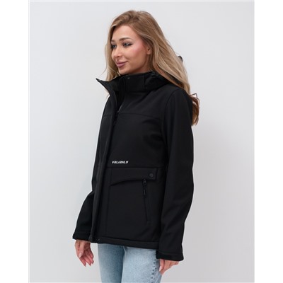 Ветровка спортивная женская с капюшоном softshell черного цвета 9566Ch