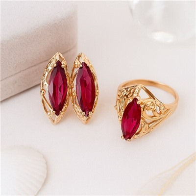 Комплект ювелирной бижутерии коллекция "Дубай" серьги и кольцо 18 р, покрытие позолота, вставка: стекло, цвет: рубиновый, арт.414.236-18