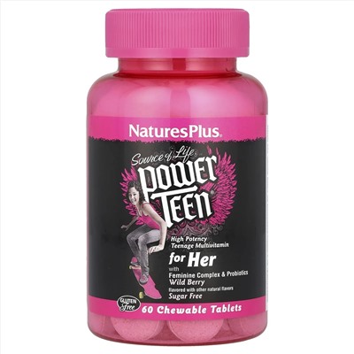 NaturesPlus, NaturesPlus, Source of Life®️, Power Teen®️, добавка для девочек-подростков, без сахара, со вкусом лесных ягод, 60 жевательных таблеток