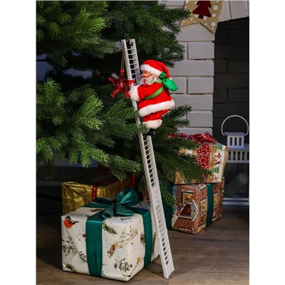 Дед Мороз «С мешком, на лестнице» 20×9 см, 65 см, движение, музыка, красный