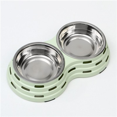 Миска металлическая двойная на пластиковом основании 2×160 мл, 25×14×5 см, зелёная