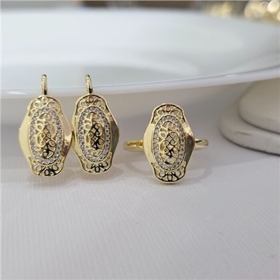 Комплект ювелирной бижутерии Итальянское золото (покрытие желтое 14к), серьги и кольцо 19 р, вставка: фианиты, цвет: прозрачный, арт.313.308-19