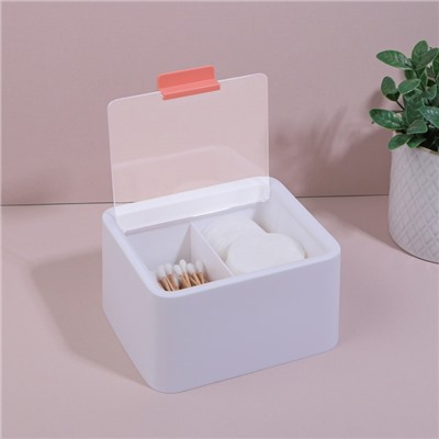 Органайзер для ватных палочек и дисков, с крышкой, 2 секции, 14.5×13×8 см, цвет белый/прозрачный