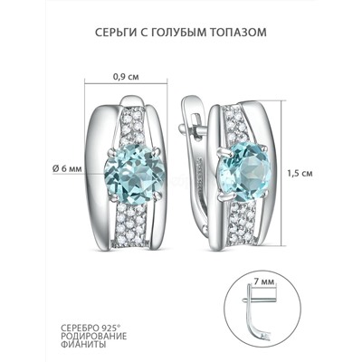 Серьги из серебра c голубым топазом и фианитами родированные 04-202-0434-06