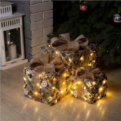 Светодиодная фигура «Подарки с еловой веткой» 15, 20, 25 см, текстиль, металл, батарейки ААх2 (не в комплекте), свечение тёплое белое