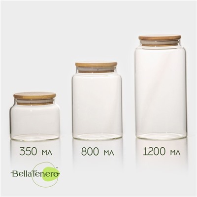 Банки для сыпучих BellaTenero «Эко», набор 3 шт.: 350/800/1200 мл, с бамбуковой крышкой, стекло, прозрачные