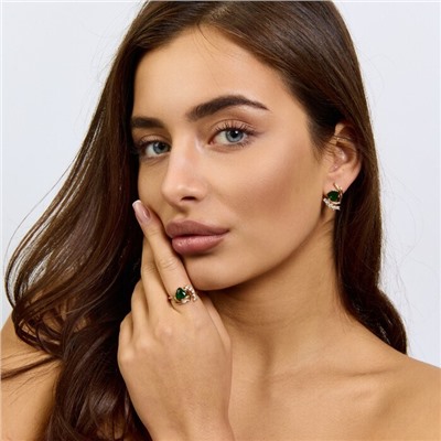 Комплект ювелирной бижутерии коллекция "Дубай" серьги и кольцо 19 р, покрытие позолота,  вставка: фианиты, цвет: зеленый и прозрачный, арт.217.377-19