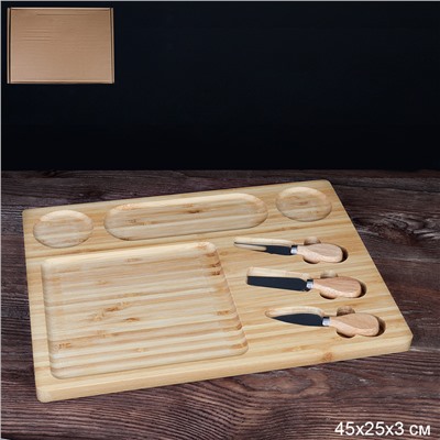 Набор сервировочный для сыра 25х45х3 см / KF-S4 /уп 10/ Бамбук доска 2 ножа и вилка