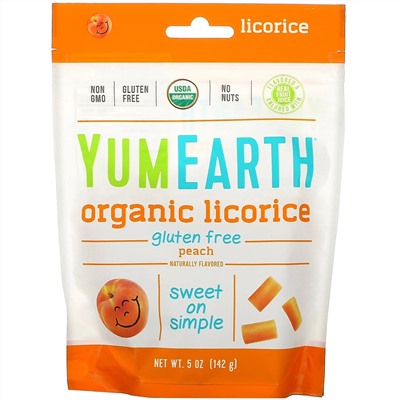 YumEarth, Мягкая пищевая персиковая лакрица без глютена + Вкусно, 5 унций (140 г)