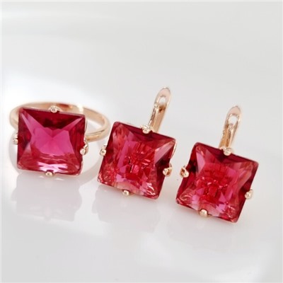Комплект ювелирная бижутерия коллекция  "Дубай" серьги и кольцо 18 р, покрытие: позолота, вставка: фианиты, цвет: красный, арт.215.442-18