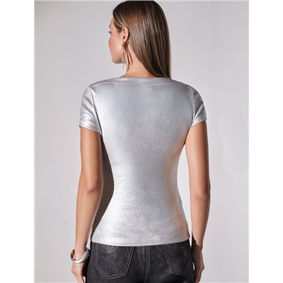 Футболка облегающая из хлопка в рубчик с вырезом лодочка с матовым покрытием металлик
