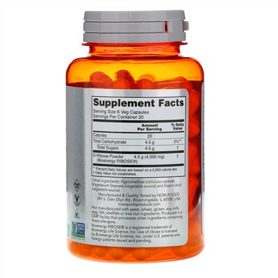 Now Foods, Sports, D-рибоза, 750 мг, 120 растительных капсул