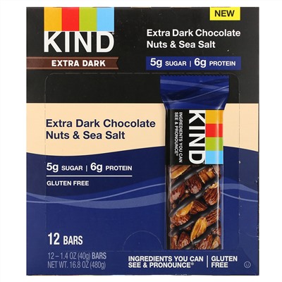 KIND Bars, Extra Dark Chocolate, Nuts & Sea Salt, 12 Bars, 1.4 oz (40 g) Each