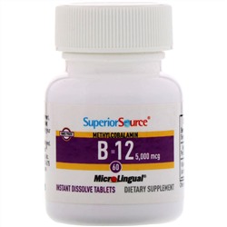 Superior Source, Метилкобаламин B12, 5000 мкг, 60 быстрорастворимых таблеток MicroLingual