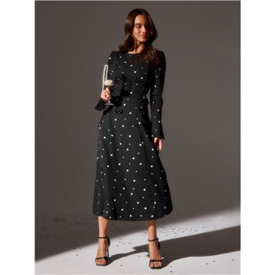 Платье с завязками на талии миди женское MINAKU Flower, размер 42, чёрное, белое