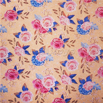 Упаковочная бумага крафт в ассортименте "Розы винтаж" рулон в термоусадочной пленке. Размер 70х100 см.