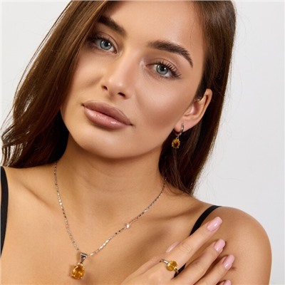 Комплект ювелирной бижутерии коллекция "Дубай" серьги, кулон и кольцо 19 р покрытие посеребрение, вставка: стекло, цвет: желтый, арт.215.624-19