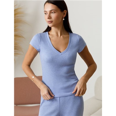 Футболка с V вырезом из эластичного трикотажа кашкорсе