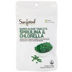 Sunfood, спирулина и хлорелла, таблетки с суперводорослями, 225 таблеток