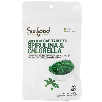 Sunfood, спирулина и хлорелла, таблетки с суперводорослями, 225 таблеток