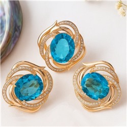 Комплект ювелирной бижутерии коллекция "Дубай" серьги и кольцо 18 р, покрытие позолота, вставка: фианиты, цвет: голубой и прозрачный, арт.215.395-18