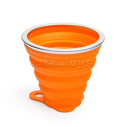 Стакан складной "Ultra thin" 270 мл, диаметр 10 см, высота 8,5 см, в сложенном виде 1,5 см, силиконовый, с металлическим ободком, с прозрачной пластиковой крышкой, с петлей для переноски, неоновый оранжевый