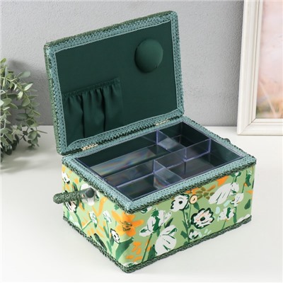 Шкатулка для рукоделия и шитья «Летние цветы на зелёном», хранение ниток, иголок, мелочи, 19×26×14.5 см