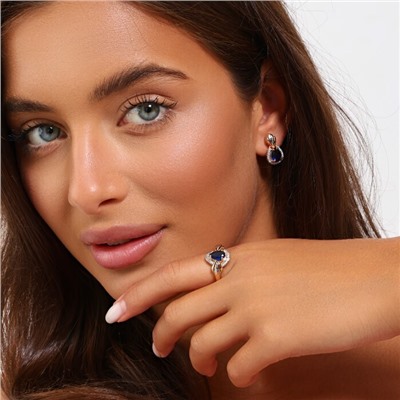 Комплект ювелирной бижутерии коллекция "Дубай" серьги и кольцо 18 р, покрытие позолота, вставка: фианиты, цвет: синий и прозрачный, арт.215.523-18