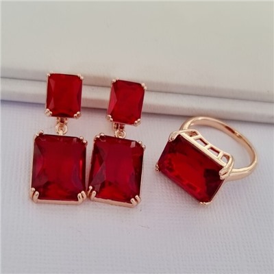 Комплект ювелирная бижутерия коллекция  "Дубай" серьги и кольцо 18 р, покрытие: позолота, вставка: фианиты, цвет: красный, арт.313.011-18