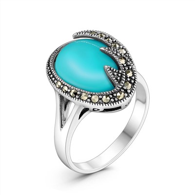 Кольцо из чернёного серебра с реконструированной бирюзой и марказитами 925 пробы HR-1178б