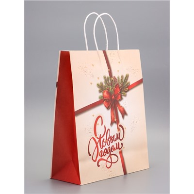 Пакет бумажный подарочный новогодний крафт «Подарок» 32×26×11 см