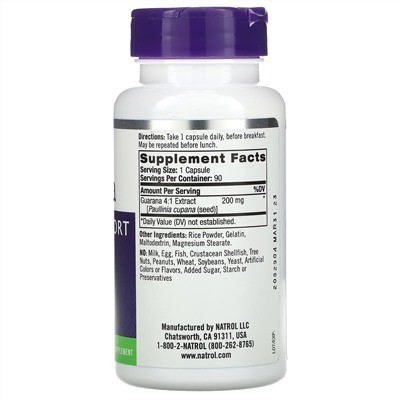 Natrol, Гуарана, 200 мг, 90 капсул