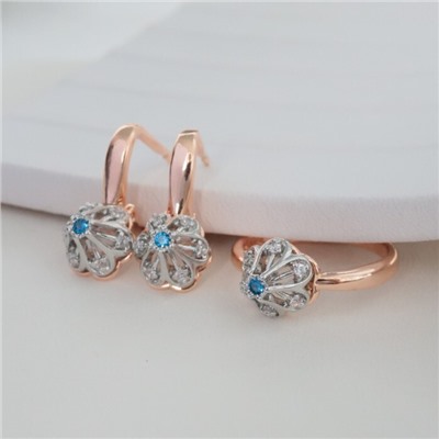 Комплект ювелирной бижутерии коллекция "Дубай" серьги и кольцо 19 р, покрытие позолота, вставка: фианиты, цвет: голубой, арт.213.975-19