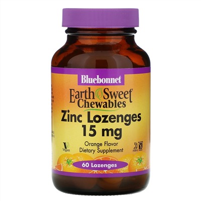 Bluebonnet Nutrition, EarthSweet, пастилки с цинком, натуральный апельсиновый ароматизатор, 15 мг, 60 пастилок