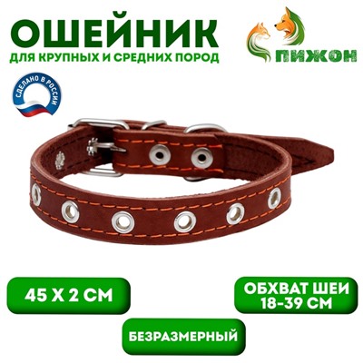 Ошейник кожаный однослойный безразмерный, 45×2 см, ОШ 18-39 см, коричневый