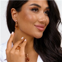 Комплект ювелирной бижутерии коллекция "Дубай",серьги, кулон, кольцо(цепочка в комплект не входит)  покрытие позолота, камень янтарь, р-р 20, 5267, арт.214.984-20