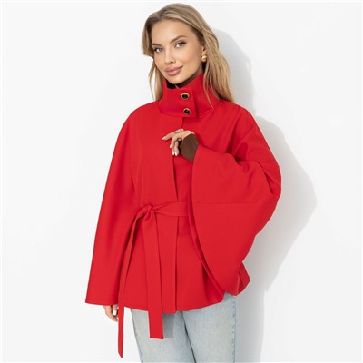 Жакет‑кейп на подкладе, Дикое притяжение (с поясом, красный)