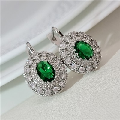 Серьги ювелирная бижутерия коллекция "Дубай", покрытие посеребрение, встака: фианиты, цвет: зеленый и прозрачный, арт.216.228