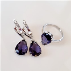 Комплект ювелирная бижутерия серьги и кольцо 17 р, покрытие: посеребрение, вставка: фианит, цвет: фиолетовый, арт.313.080-17