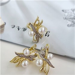 Комплект ювелирной бижутерии Итальянское золото (покрытие желтое 14к), серьги и кольцо, вставка: фианиты и искусственный жемчуг, р-р 19, Уценка, арт. 08.3207 (217.124-19 )