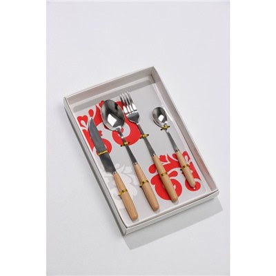 Набор столовых приборов Доляна Wood, 4 предмета, нержавеющая сталь, цвет металла серебряный