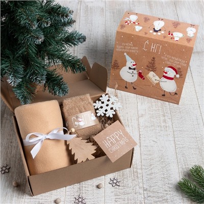 Новогодний подарочный набор «Снеговики» (плед, носки, 2 игрушки, открытка)