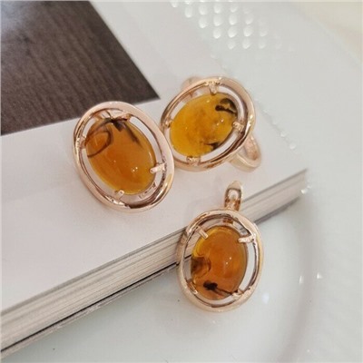 Комплект ювелирной бижутерии коллекция "Дубай",серьги и кольцо покрытие позолота, камень янтарь, р-р 19, 7602, арт.216.357-19