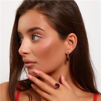 Комплект ювелирная бижутерия коллекция  "Дубай" серьги и кольцо 19 р, покрытие: позолота, вставка: фианит, цвет: фиолетовый, арт.313.093-19