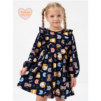 Платье Крылья длинный рукав детское (Коты на темно-синем)