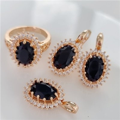 Комплект ювелирная бижутерия коллекция  "Дубай" серьги, кулон и кольцо 19 р, покрытие: позолота, вставка: фианит, цвет: черный и прозрачный, арт.313.098-19