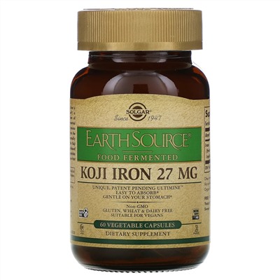Solgar, EarthSource Food Fermented, Koji Iron, 27 mg, 60 Vegetable Capsules