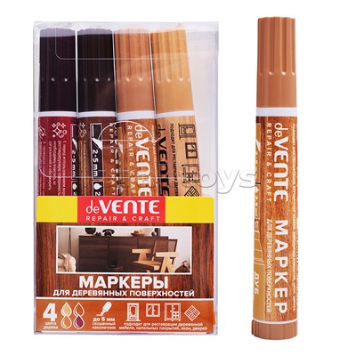Набор маркеров для деревянных поверхностей "Repair & Craft" 4 цвета (бук, дуб, красное дерево, орех) круглый корпус, скошенный наконечник, ширина линии письма 1-5 мм